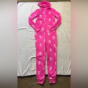 Live Love Dream Adult Pajamas Pink Skulls Fuzzy With Hood Size Small